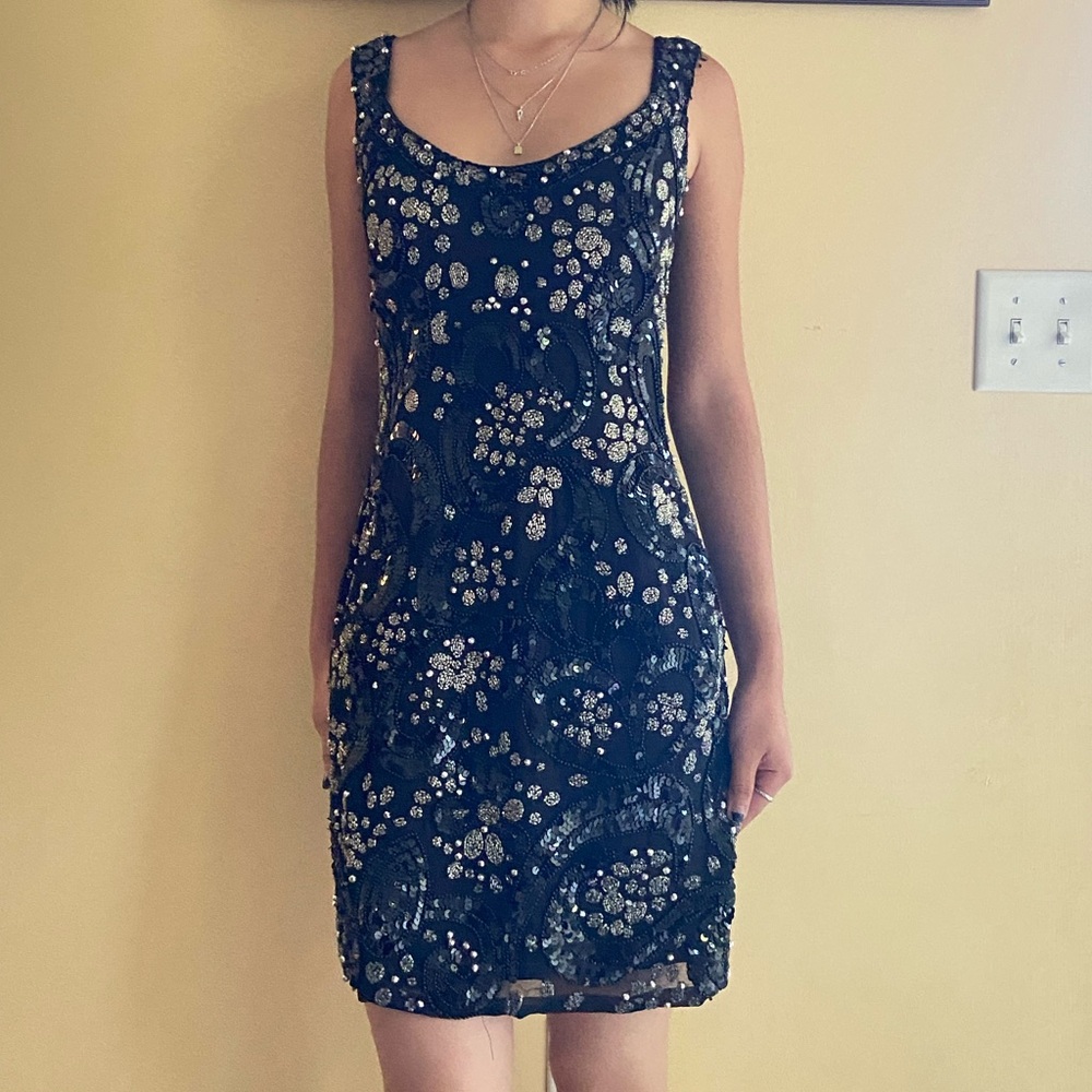 Vintage Black Beaded Floral Scoop-Neck Mini Dress - Picture 2 of 9